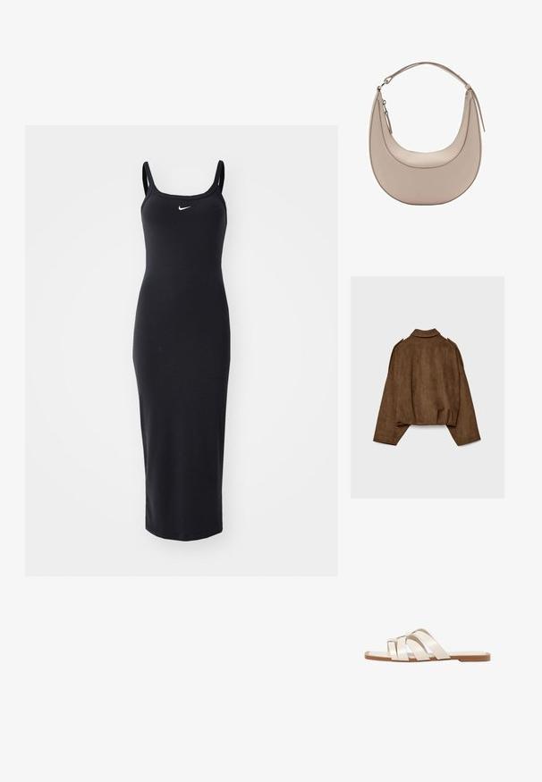 Brązowa kurtka z imitacji zamszu z kołnierzem, luźnym krojem i opuszczonymi ramionami. Tył ozdobiony jest pionowymi przeszyciami i ma krótki krój.; Czarna dopasowana sukienka midi z cienkimi ramiączkami, prążkowaną teksturą i małym białym logo Nike na piersi. Minimalistyczny design, elastyczny materiał.; Płaskie sandały z brązową gumową podeszwą, zaprojektowane z trzema nakładającymi się na siebie białymi skórzanymi paskami i małym detalem w postaci kokardy na środku.; Beżowa skórzana torba na ramię o kształcie półksiężyca, gładkiej fakturze i pojedynczym zakrzywionym uchwycie. Posiada zamek błyskawiczny oraz staranne przeszycia.