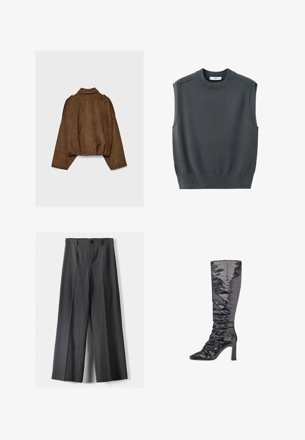 Giacca marrone in finto camoscio con collo a camicia, vestibilità oversize e spalle scese. La parte posteriore presenta cuciture verticali e un design corto.; Maglione senza maniche grigio scuro con scollatura rotonda, orlo a coste e cuciture sulle spalle. La trama del tessuto appare liscia e leggermente elastica.; Pantaloni a gamba larga in tessuto grigio scuro, dotati di chiusura con bottone, pieghe frontali e passanti per cintura. Texture liscia con un design su misura.; Stivale nero a paillettes, alto fino al ginocchio, con punta affilata, tacco strutturato e texture arricciata lungo il fusto per una silhouette aderente.