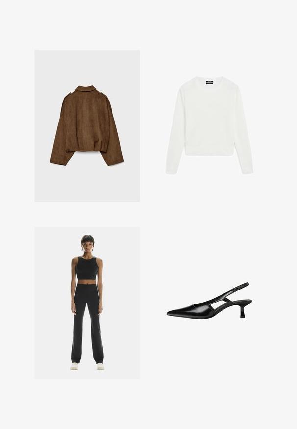 Brown faux suede jacket with a collared neck, oversized fit, and dropped shoulders. The back features vertical seam detailing and a cropped design.; White long-sleeve sweater, cropped design, soft texture, round neck, ribbed cuffs and hem, minimalistic style with no visible patterns or hardware.; On STUDIO - Leggings - black; Black patent leather slingback heels with a pointed toe, cut-out side design, and a small square heel. Smooth texture with minimal accents.
