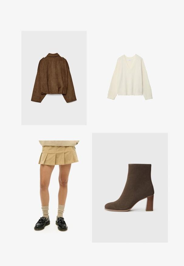 Brun jakke i imiteret ruskind med krave, oversized pasform og sænkede skuldre. Bagsiden har lodrette sømdetaljer og et cropped design.; V-hals, cremefarvet sweater med ribbet tekstur, løs pasform og lange ærmer. Blødt materiale, cropped længde og med et subtilt strikmønster.; Khaki plisseret nederdel lavet af bomuld, parret med sorte loafers med frynser og lysebrune ribbede sokker. Enkel, afslappet outfit.; Brune ruskinds ankelstøvle med rund tå og en stablet, tekstureret hæl. Glat overflade uden synlige lukninger eller udsmykninger.