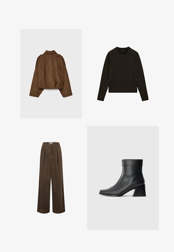 Brown faux suede jacket with a collared neck, oversized fit, and dropped shoulders. The back features vertical seam detailing and a cropped design.; Dark brown knitted sweater with a crew neckline, long sleeves, and ribbed hem. Soft texture with a relaxed fit, suitable for layering.; Brown corduroy wide-leg trousers feature a high waist, front pleats, and a single button closure. Smooth texture with subtle ridges throughout.; Black leather ankle boot with square toe, side zipper, and block heel against plain light background.