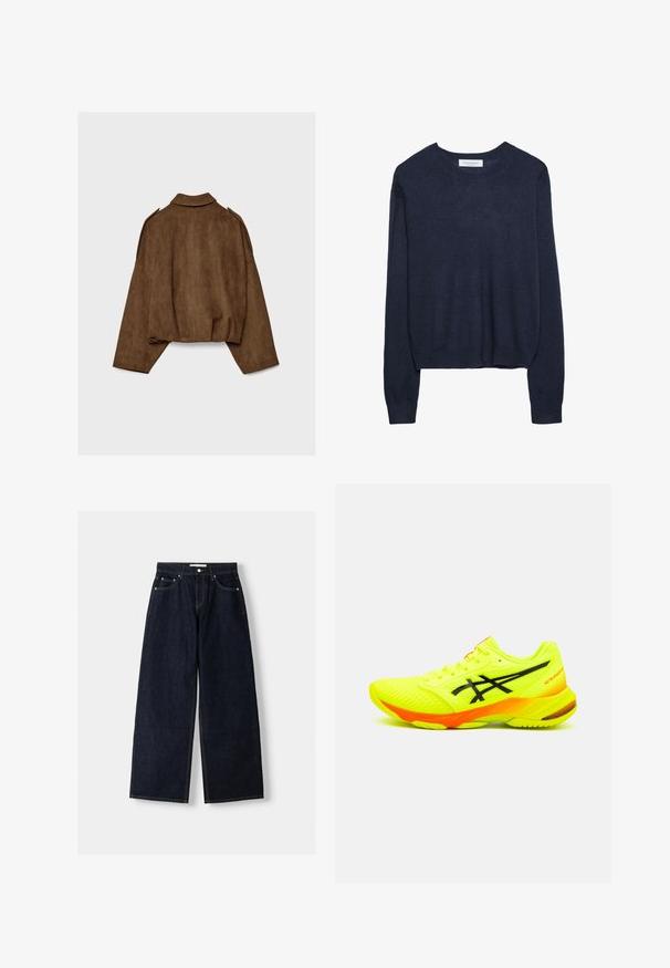 Brown faux suede jacket with a collared neck, oversized fit, and dropped shoulders. The back features vertical seam detailing and a cropped design.; Navy blue knitted sweater with a round neckline and long sleeves, featuring a slightly cropped hem and ribbed cuffs for added texture.; Dark blue denim wide-leg jeans with a high waist, five pockets, contrast stitching, and silver metal hardware. Smooth texture and clean finish.; Bright yellow athletic shoe with black accents, a mesh upper, textured surface, and an orange heel detail. Lightweight design for performance.