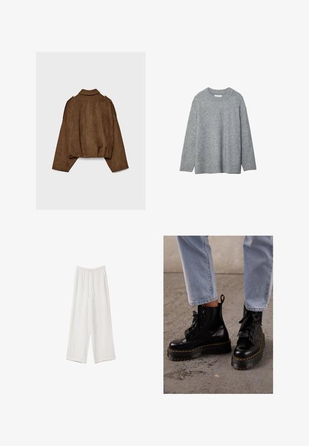 Giacca marrone in finto camoscio con collo a camicia, vestibilità oversize e spalle scese. La parte posteriore presenta cuciture verticali e un design corto.; Maglione grigio lavorato a maglia con scollatura rotonda, spalle abbassate e polsini a costine. Texture morbida e design ampio. Senza fantasie né accenti.; Pantaloni a gamba larga bianchi realizzati in un tessuto leggero. Presentano una vita elastica con cordoncino e tasche laterali. Texture liscia.; Stivali neri in pelle alla caviglia con suola spessa, punta rotonda, lacci a nastro, cuciture gialle e inserto per il tallone sul retro.