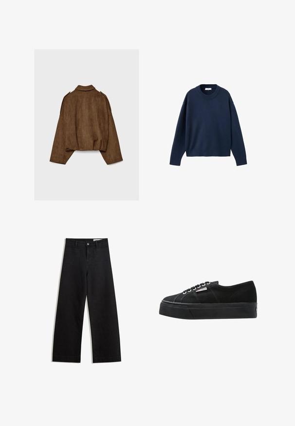 Brun jakke i imiteret ruskind med krave, oversized pasform og sænkede skuldre. Bagsiden har lodrette sømdetaljer og et cropped design.; Marineblå strikket sweater med rund halsudskæring, lange ærmer og ribbede manchetter og kant. Blød tekstur, afslappet pasform, minimalistisk design.; Sorte wide-leg denim bukser med høj talje, der har front- og baglommer, syede sømme og en knaplukning. Glat tekstur.; Superga 2790 LINEA UP AND DOWN - Sneakers - fullblack