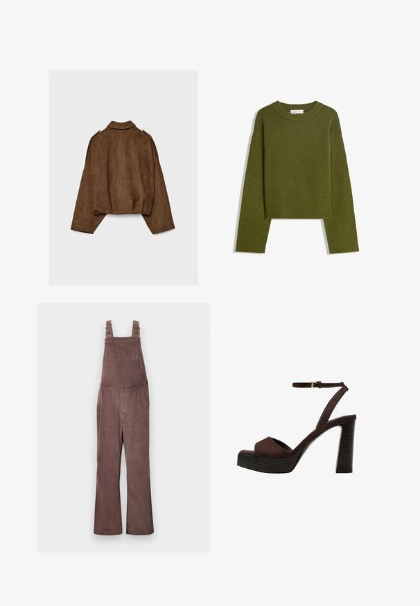 Braune Jacke aus Kunstwildleder mit Kragen, übergroßem Schnitt und abgefallenen Schultern. Der Rücken zeigt vertikale Nahtdetails und ein kurzes Design.; Olivgrüner Strickpullover mit Rundhalsausschnitt, langen Ärmeln und geripptem Saum. Verfügt über ein kurzes Design mit einer weichen, strukturierten Oberfläche.; Braune Corduroy-Overalls mit verstellbaren Trägern, weitem Bein und vertikaler Rippstruktur. Verfügt über Seitentaschen und eine lockere Passform.; Braune Wildleder-Pumps mit offenem Zeh, verstellbarem Knöchelriemen und gestreiftem Plateausohlen.