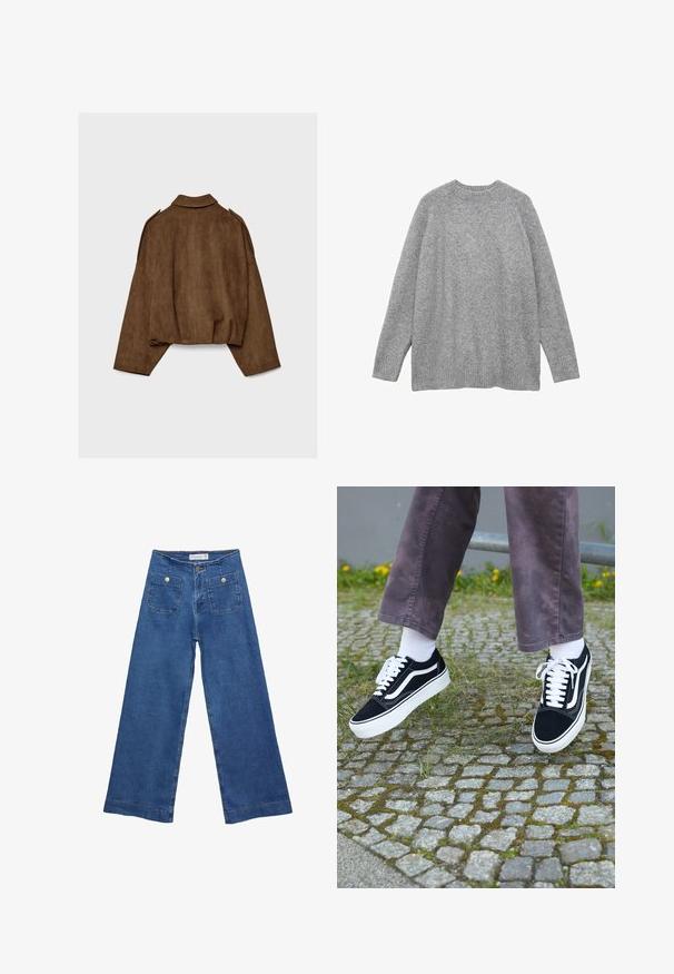 Braune Jacke aus Kunstwildleder mit Kragen, übergroßem Schnitt und abgefallenen Schultern. Der Rücken zeigt vertikale Nahtdetails und ein kurzes Design.; Grauer Strickpullover aus weichem Material, mit klassischem Rundhalsausschnitt, langen Ärmeln und gerippten Bündchen sowie Saum.; Denim-Hosen im weiten Schnitt mit einer mittleren blauen Waschung, zwei Vordertaschen mit Knopfverschluss und genähten Details entlang der Säume.; Schwarze Wildleder-Sneaker mit weißen Akzenten, runder Zehenform, dicker weißer Sohle und klassischem Schnürdesign, getragen mit weißen Socken und lila Hose.