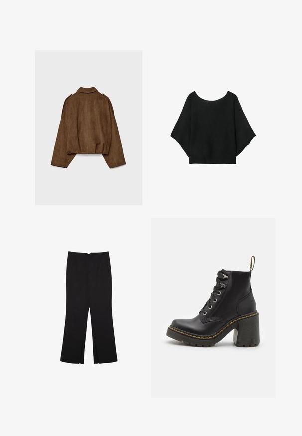 Ruskea tekonahkainen mokkatakki, jossa on kauluksellinen kaula-aukko, ylisuurikokoinen istuvuus ja laskostetut olkapäät. Takana pystysuoria saumadetaljeja ja lyhyt malli.; Musta neulepaita, jossa on leveät hihat, pyöreä pääntie ja rento istuvuus. Kankaassa on ribbitekstuuria, ilman kiinnityksiä tai kuvioita.; Mustat housut suoralinjaisella leikkauksella, joissa on etutaskut ja sivurei'ät helman alla. Valmistettu pehmeästä ja sileästä kankaasta. Sopii eri tilaisuuksiin.; Musta nahkasaapas nilkkamittaisella varrella, jossa on paksu korkea kenkä, nauhakiristys edessä, metalliset rei'itykset ja keltainen ommel pohjan reunassa. Teksturoitu kumipohja.