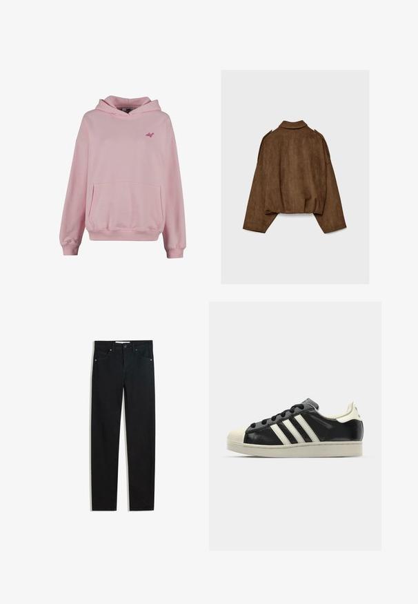 Smeđa jakna od umjetne brušene kože s ovratnikom, prevelikog kroja i spuštenih ramena. Na stražnjoj strani nalazi se vertikalni ukrasni šav i skraćeni dizajn.; Ružičasti dukserica od mekanog materijala s prednjim džepom, rebrastim manžetama i malim logoom na prsima. Ima klasičan pulover dizajn.; Crne traperice s ravnim dizajnom nogavica, pet džepova, metalnim zatvaranjem na gumbe i suptilnim detaljima šivanja. Glatka tekstura.; Crni kožni tenisice s bijelim prugama, gumeni zaštitni vrh, crne vezice i bijela potplata boje krem. Glatka tekstura s sjajnim završetkom.