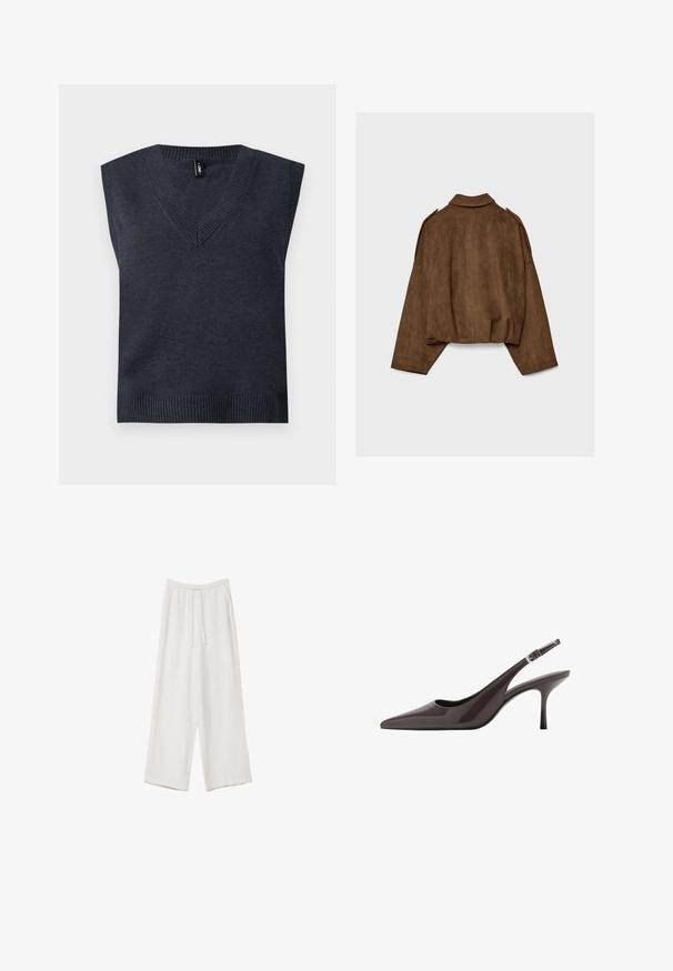 Brun jacka i fuskmocka med krage, oversized passform och nedsänkta axlar. Bakstycket har vertikal sömdetalj och en kortare design.; Mörkgrå ärmlös stickad tröja med V-hals och ribbad nederkant. Slät textur; enkel design utan extra mönster eller detaljer.; Vita vida byxor i vid passform gjorda av ett lättviktsmaterial. Har en elastisk midja med dragsko och sidofickor. Slät textur.; Spetsig tå slingback-klackar i mörkbrunt lackskinn, med en smal hög klack och en justerbar vristrem med spänne.