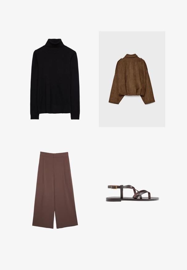 Braune Jacke aus Kunstwildleder mit Kragen, übergroßem Schnitt und abgefallenen Schultern. Der Rücken zeigt vertikale Nahtdetails und ein kurzes Design.; Schwarzer Rollkragenpullover aus einem weichen Strickstoff. Mit langen Ärmeln sowie gerippten Manschetten und Saum. Einfaches, klassisches Design ohne Muster.; Braune Weite-Leg-Hosen mit einer glatten Textur, hoher Taille und Vorderfalten. Der Stoff ist leicht und fällt locker.; Braune Leder-Sandale mit überkreuzten Riemen, einem Knöchelriemen mit Schnalle und einer flachen Sohle mit minimalen Nähdetails.