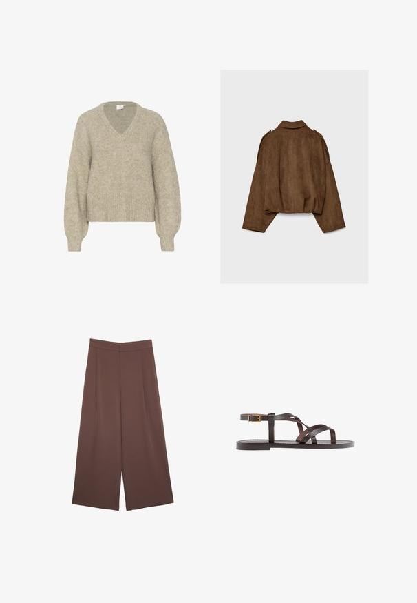 Brun jacka i fuskmocka med krage, oversized passform och nedsänkta axlar. Bakstycket har vertikal sömdetalj och en kortare design.; Beige v-ringad tröja i mjukt, texturerat stickat tyg. Har långa ärmar och en kortad fåll med ribbad manschetter samt en avslappnad passform.; Bruna vida byxor med en slät textur, som har hög midja och framfickor. Tyget är lätt och flödar löst.; Bruna lädersandaler med korsade remmar, spänne runt vristen och en platt sula med minimala sömnadsdetaljer.