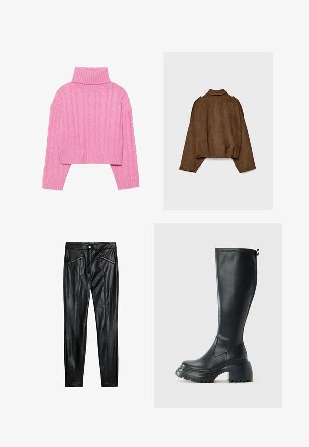 Ruskea tekonahkainen mokkatakki, jossa on kauluksellinen kaula-aukko, ylisuurikokoinen istuvuus ja laskostetut olkapäät. Takana pystysuoria saumadetaljeja ja lyhyt malli.; Lyhyeksi leikattu vaaleanpunainen poolopaita, joka on valmistettu teksturoidusta palmikkoneuleesta. Paidassa on ribattu kaulus ja hihansuut, pitkät hihat sekä tiukka helma.; Mustat nahkahousut, joissa on tiukka muotoilu, kaksi vetoketjullista etutaskua sekä sileä rakenne kiiltävällä pinnalla.; Korkeat mustat nahkakengät, joissa on paksu pohja ja lohkare korko, varustettuna vetonauhalla ja tekstuurilla ulkopohjassa.