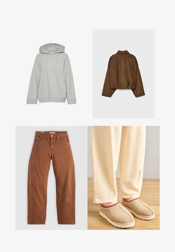 Hnědá bunda z umělé semiše s límcem, volným střihem a sníženými rameny. Na zádech jsou vertikální švy a zkrácený střih.; Šedá mikina s kapucí a volným střihem, má dlouhé rukávy, šňůrku a žebrované manžety. Vyrobena z měkké, texturované látky.; Hnědé rovné džíny barvy rezavé s předními a zadními kapsami, kovovými nýty, zapínáním na knoflík a poutky na opasek, ležící rozložené na bílé pozadí.; Hnědé semišové dřeváky s červeným dekorativním lemováním a bílou gumovou podrážkou, spárované s světlými béžovými kalhotami, umístěné na dřevěné podlaze.