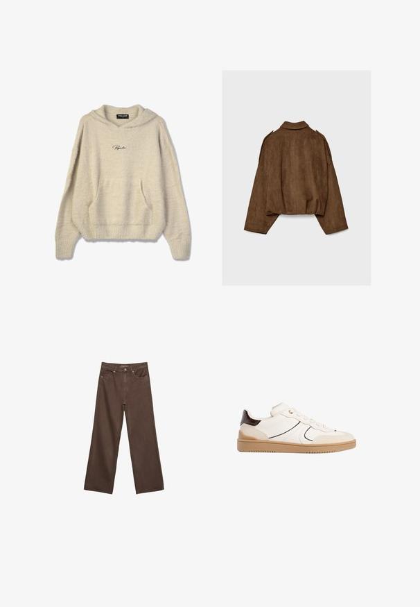 Braune Jacke aus Kunstwildleder mit Kragen, übergroßem Schnitt und abgefallenen Schultern. Der Rücken zeigt vertikale Nahtdetails und ein kurzes Design.; Flauschiger beiger Hoodie mit einer Fronttasche, gerippten Bündchen und einer Kapuze mit Kordelzug. Mit dem schwarzen "Pegador"-Logo auf der Brust.; Weite braune Jeans aus Denim, mit hoher Taille, Fronttaschen und klassischem Knopfverschluss. Glatte Textur mit feinen Nähten.; Stradivarius Sneaker low - white