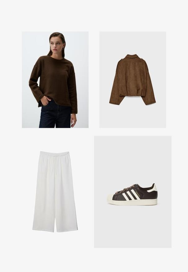 Brązowa kurtka z imitacji zamszu z kołnierzem, luźnym krojem i opuszczonymi ramionami. Tył ozdobiony jest pionowymi przeszyciami i ma krótki krój.; Brązowy polarowy sweter z okrągłym dekoltem i długimi rękawami, charakteryzujący się luźnym krojem i bocznymi rozcięciami. Połączony z ciemnymi dżinsami.; Białe szerokie spodnie wykonane z lekkiego materiału, z elastyczną talią i sznurkiem do regulacji fasonu. Gładka tekstura.; Niskie trampki Adidas Superstar z ciemnobrązowej skóry z kremowym noskiem w kształcie skorupy, białymi paskami i napisem „Superstar” po boku.