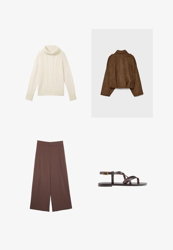 Braune Jacke aus Kunstwildleder mit Kragen, übergroßem Schnitt und abgefallenen Schultern. Der Rücken zeigt vertikale Nahtdetails und ein kurzes Design.; TOM TAILOR MIT ROLLKRAGEN UND STRUKTUR - Strickpullover - beige; Braune Weite-Leg-Hosen mit einer glatten Textur, hoher Taille und Vorderfalten. Der Stoff ist leicht und fällt locker.; Braune Leder-Sandale mit überkreuzten Riemen, einem Knöchelriemen mit Schnalle und einer flachen Sohle mit minimalen Nähdetails.