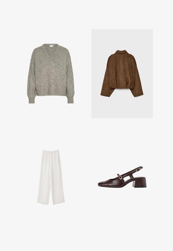 Ruskea tekonahkainen mokkatakki, jossa on kauluksellinen kaula-aukko, ylisuurikokoinen istuvuus ja laskostetut olkapäät. Takana pystysuoria saumadetaljeja ja lyhyt malli.; Vaaleanharmaa neulepaita, jossa on V-pääntie, löysä malli sekä ribbireunat hihoissa ja helmassa. Valmistettu tekstuuripinnoitteisesta kankaasta, joka on pehmeän näköinen.; Valkoiset leveälahkeiset housut kevyestä kankaasta. Ominaisuuksiin kuuluu elastinen vyötärö, jossa on nauhakuuluma ja sivutaskut. Sileä rakenne.; Ruske pu leather slingback pete s kvadratnim nožnim dijelom, izrezanim stranama i blok petom. Ima kopču na traku oko gležnja.