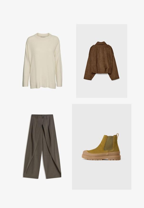 Braune Jacke aus Kunstwildleder mit Kragen, übergroßem Schnitt und abgefallenen Schultern. Der Rücken zeigt vertikale Nahtdetails und ein kurzes Design.; Cremfarbener Strickpullover mit hohem Kragen, langen Ärmeln und einem lässigen, kastigen Schnitt. Der Stoff wirkt strukturiert und weich.; Weite Hosen aus einem strukturierten, dunkelgrauen Stoff. Mit einer vorderen Faltenlegung, Knopfverschluss und praktischen Seitentaschen ausgestattet.; Olivgrüne Chelsea-Stiefel aus Wildleder, mit elastischen Seitenpaneelen und einer dicken, strukturierten Gummisohle. Mit einer Lasche an der Rückseite für einfaches Anziehen.