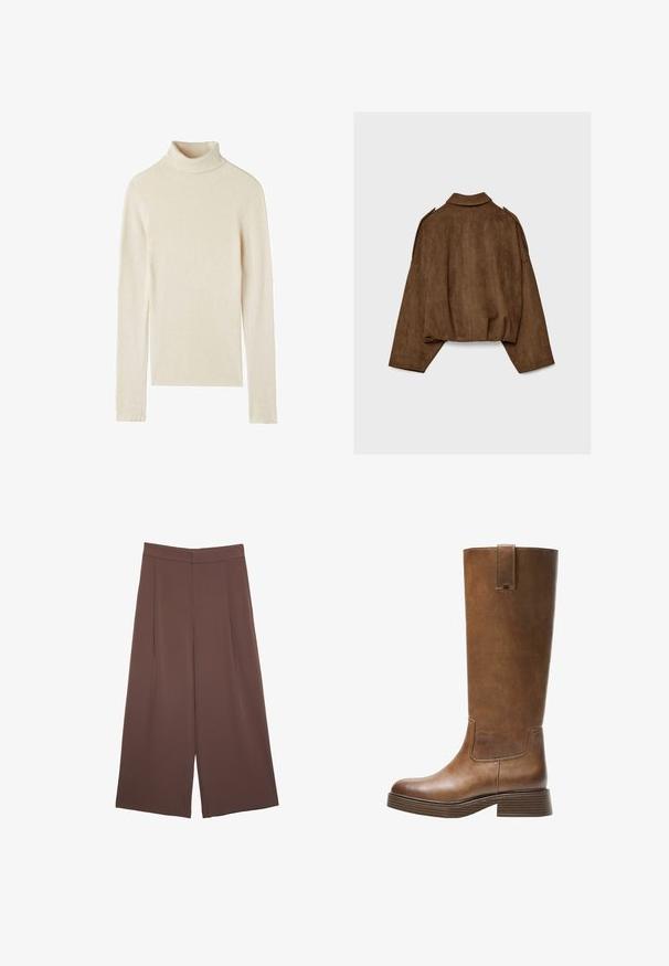 Giacca marrone in finto camoscio con collo a camicia, vestibilità oversize e spalle scese. La parte posteriore presenta cuciture verticali e un design corto.; Maglione a collo alto color crema, texture a costine, maniche lunghe, design aderente, materiale morbido e collo alto. Nessun motivo o dettaglio aggiuntivo segnalato.; Pantaloni ampi marroni con una texture liscia, caratterizzati da una vita alta e pieghe frontali. Il tessuto è leggero e scorre liberamente.; Stivale marrone in pelle alto fino al ginocchio, con punta tonda, superficie testurizzata e tacco basso impilato. Presenta un pannello laterale e una linguetta di apertura in cima.