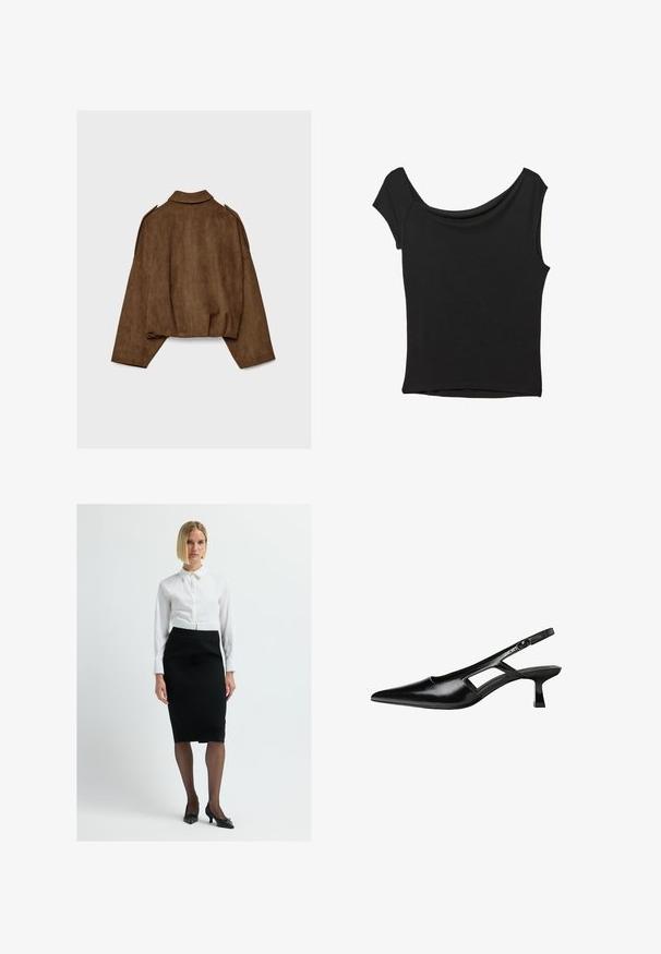 Brun jacka i fuskmocka med krage, oversized passform och nedsänkta axlar. Bakstycket har vertikal sömdetalj och en kortare design.; Svart kortärmad topp i slät tyg; har en draperad halsringning och asymmetrisk nederkant, med en figursydd kropp.; Vit skjorta med knappstängning, i kombination med en figursydd svart pennkjol, genomskinliga strumpbyxor och svarta pumps med spetsig tå.; Svart lackläder slingback-klackar med spetsig tå, utskuren sidor och en liten fyrkantig klack. Slät textur med minimala accenter.