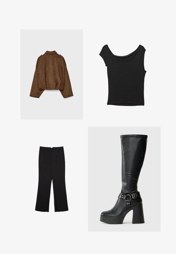 Rjava jakna iz umetnega usnja z ovratnikom, širokim krojem in spuščenimi rameni. Hrbtni del ima navpične šive in krajšano zasnovo.; Črna kratka majica s kratkimi rokavi iz gladkega blaga; ima drapiran izrez in asimetrično spodnjo rob, s prilegnjenim telesom.; Črne hlače ravnega kroja z naglavnimi žepi in stranskimi razporki na robu. Narejene iz mehke, gladke tkanine. Primerne za različne priložnosti.; Črne visoke platform čizme do kolen z sijočo površino, z širokim blokastim peto in poudarjenim pasom s spono okoli gležnja.