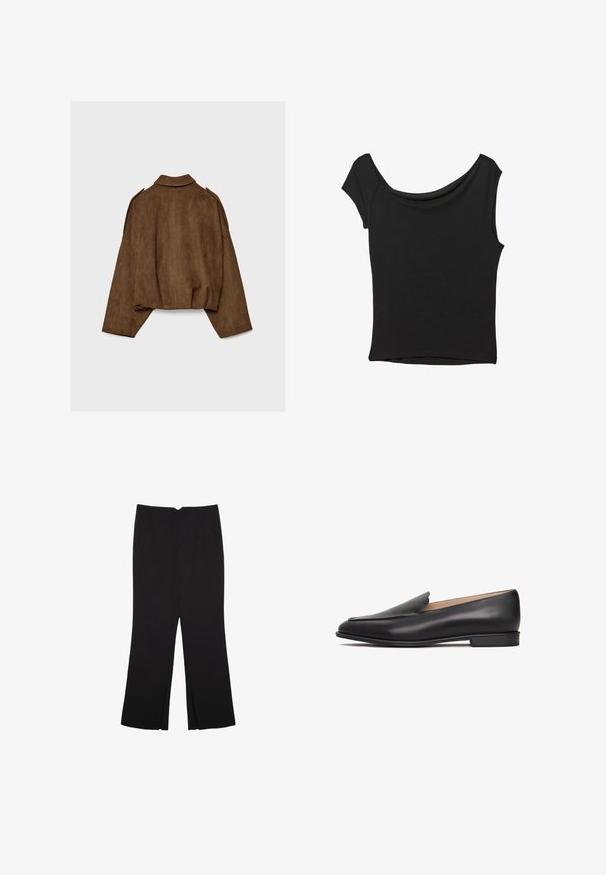 Brun jacka i fuskmocka med krage, oversized passform och nedsänkta axlar. Bakstycket har vertikal sömdetalj och en kortare design.; Svart kortärmad topp i slät tyg; har en draperad halsringning och asymmetrisk nederkant, med en figursydd kropp.; Svarta byxor med rak passform, utrustade med framfickor och sidoklyvningar vid fållen. Tillverkade av mjukt, slätt tyg. Lämpliga för olika tillfällen.; Svart läderslipper med låg klack, slät textur, spetsig tå och minimalistisk design. Inga synliga beslag eller dekorationer.