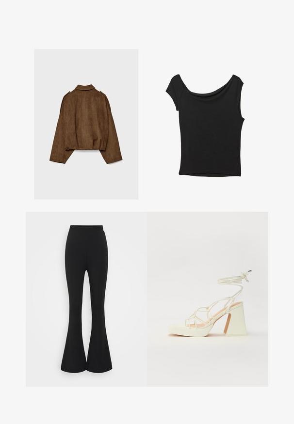 Hnědá bunda z umělé semiše s límcem, volným střihem a sníženými rameny. Na zádech jsou vertikální švy a zkrácený střih.; Černý krátký rukáv top vyrobený z hladké látky; má drapovaný výstřih a asymetrický lem, s přiléhavým střihem.; Černé rozšířené kalhoty vyrobené z elastického materiálu. Design obsahuje vysoký pas a rozšířený lem, který se otevírá pod kolenem.; Bílé sandály na vysokém podpatku s robustním podpatkem, s designem s pásky a zavazováním kolem kotníku. Hladký povrch s platformou vpředu pro zvýšení výšky.