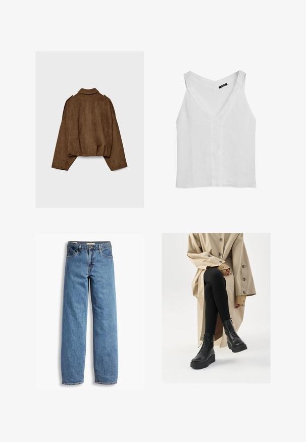 Brun jacka i fuskmocka med krage, oversized passform och nedsänkta axlar. Bakstycket har vertikal sömdetalj och en kortare design.; Massimo Dutti FLOWING DOUBLE FABRIC GARMENT - Linne - white; Ljusblå denimjeans med rak passform, fem fickor, synlig sömnad och en lätt urtvättad struktur. Standard knapplås och dragkedja.; Svarta läderankelstövlar med snörningsdetalj, upphöjd plattformssula, och strukturerade svarta leggings, bärs med en ljusbeige trenchcoat.
