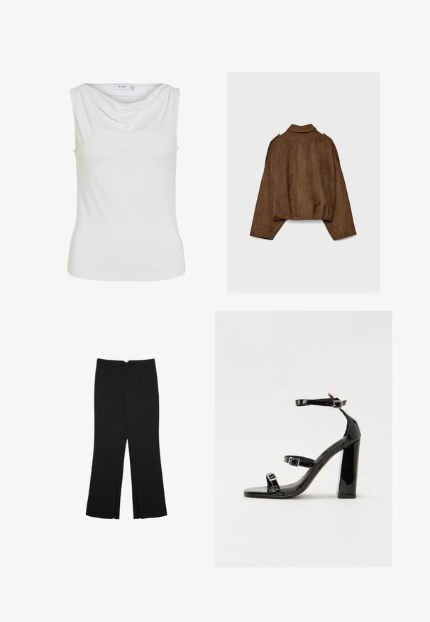 Brown faux suede jacket with a collared neck, oversized fit, and dropped shoulders. The back features vertical seam detailing and a cropped design.; Sleeveless white women's top with a draped neckline and fitted silhouette, labeled "VILA" inside collar.; Black trousers with a straight fit, featuring front pockets and side slits at the hem. Made of soft, smooth fabric. Suitable for various occasions.; Black patent high-heeled sandals with two buckle straps, square toe, and a chunky block heel, featuring a smooth, glossy texture.