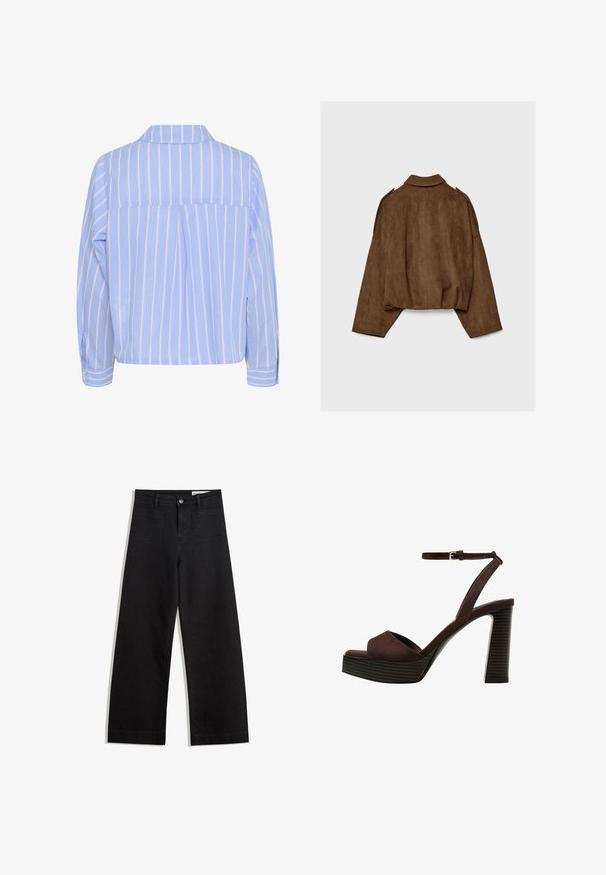 Giacca marrone in finto camoscio con collo a camicia, vestibilità oversize e spalle scese. La parte posteriore presenta cuciture verticali e un design corto.; Camicia azzurro chiaro con righe verticali bianche e rosa, colletto e maniche lunghe, con una piega sul retro e polsini con bottoni.; Pantaloni in denim neri a gamba larga con vita alta, dotati di tasche anteriori e posteriori, cuciture a punto, e chiusura con bottone. Texture liscia.; Sandal in camoscio marrone con tacco alto, punta aperta, cinturino alla caviglia regolabile e suola a piattaforma striata.