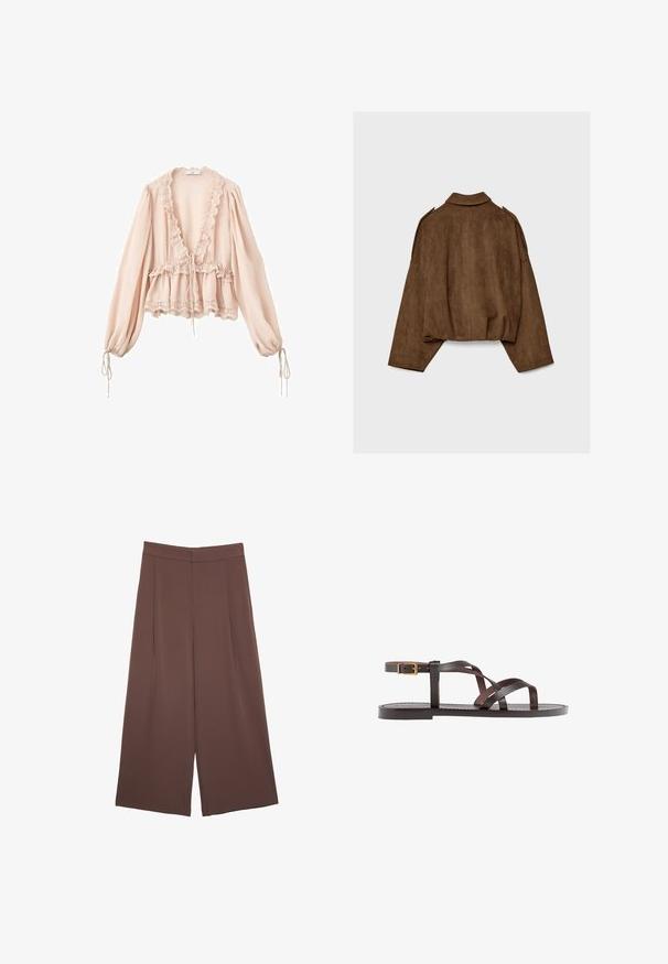 Hnedá bundu z umelého semišu s golierom, nadrozmerným strihom a spustenými ramenami. Zadná časť má vertikálne švy a skrátený dizajn.; Ružová blúzka s dlhými rukávmi, volánikmi na golieri, sťahovacím pásom a čipkovými lemami na manžetách a spodnej časti. Ľahká, textúrovaná látka.; Hnedé nohavice so širokými nohavicami a hladkou textúrou, s vysokým pásom a prednými skladmi. Tkanina je ľahká a voľne sa pohybuje.; Hnedé kožené sandály s krížovými popruhmi, uzatváraním na pracku okolo členku a plochou podrážkou s minimálnymi ševmi.
