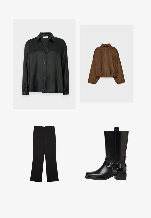Brown faux suede jacket with a collared neck, oversized fit, and dropped shoulders. The back features vertical seam detailing and a cropped design.; Black satin shirt featuring a button-down front, long sleeves with elastic cuffs, and a classic collar. Smooth texture with a minimalist design.; Black trousers with a straight fit, featuring front pockets and side slits at the hem. Made of soft, smooth fabric. Suitable for various occasions.; Black leather knee-high boot with a pointed toe, silver buckle accents, and a chunky heel. Features a pull tab for easy wear.