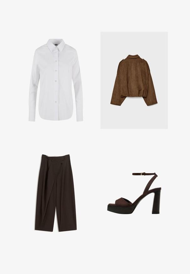 Braune Jacke aus Kunstwildleder mit Kragen, übergroßem Schnitt und abgefallenen Schultern. Der Rücken zeigt vertikale Nahtdetails und ein kurzes Design.; Weißes Langarm-Hemd mit Knöpfen, ausgestattet mit einem klassischen Kragen, glatter Textur und sechs Frontknöpfen. Taillierte Passform mit abgerundetem Saum.; Dunkelbraune, weite Hosen mit hohem Bund, die über einen einzigen Knopfverschluss und eine gefaltete Vorderseite verfügen. Hergestellt aus leichtem Stoff.; Braune Wildleder-Pumps mit offenem Zeh, verstellbarem Knöchelriemen und gestreiftem Plateausohlen.