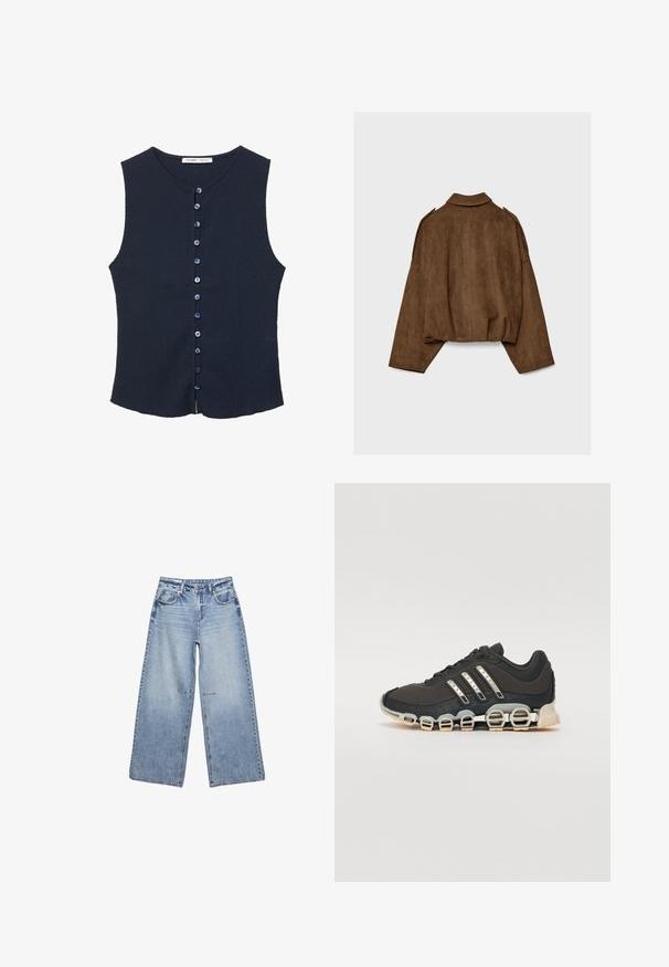 Brązowa kurtka z imitacji zamszu z kołnierzem, luźnym krojem i opuszczonymi ramionami. Tył ozdobiony jest pionowymi przeszyciami i ma krótki krój.; Granatowy bezrękawnik z fakturowanej tkaniny, z okrągłym dekoltem oraz przodem zapinanym na dziewięć niebieskich guzików.; Jasnoniebieskie dżinsy z szerokimi nogawkami, wykonane z denimu, z wysokim stanem, pięcioma kieszeniami i subtelnym wyblaknięciem, z surowymi krawędziami.; Czarne sportowe buty z teksturowaną cholewką, trzema srebrnymi paskami i charakterystyczną podeszwą z amortyzacją, składającą się z wielu zintegrowanych sekcji.