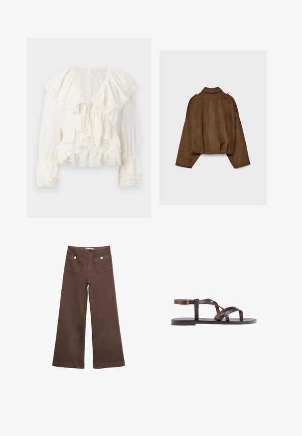 Brązowa kurtka z imitacji zamszu z kołnierzem, luźnym krojem i opuszczonymi ramionami. Tył ozdobiony jest pionowymi przeszyciami i ma krótki krój.; Biała bluzka z warstwowym, falbaniastym wzorem, koronkowym wykończeniem na rękawach i u dołu oraz dekoltem w kształcie litery V z regulowanym sznurkiem.; Czerwone spodnie typu wide-leg wykonane z bawełny, z dwoma przednimi kieszeniami zapinanymi na srebrne guziki oraz gładką fakturą.; Brązowe skórzane sandały z krzyżującymi się paskami, zapięciem na klamrę przy kostce oraz płaską podeszwą z minimalnymi detalami szycia.