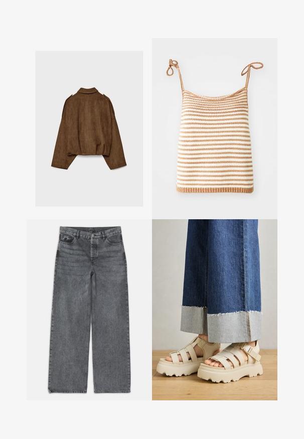 Hnědá bunda z umělé semiše s límcem, volným střihem a sníženými rameny. Na zádech jsou vertikální švy a zkrácený střih.; Pruhovaný pletený top s nastavovacími vázáními, s horizontálními pruhy v hnědé a bílé barvě, těsný střih a žebrovaný lem.; Kalhoty s širokými nohavicemi v tmavě šedém denimovém materiálu. Vyznačují se vysokým pasem, pěti kapsami a předním zapínáním na knoflík. Hladká textura s jemným vyblednutím.; Béžové platformové sandály s tlustými podešvemi mají páskový design a nastavitelné kotníkové pásky. Jsou nošeny s širokými džínovými kalhotami, přičemž jedna nohavice je roztrhaná.