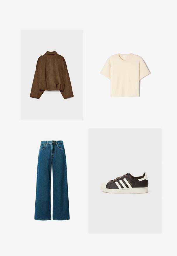 Ruskea tekonahkainen mokkatakki, jossa on kauluksellinen kaula-aukko, ylisuurikokoinen istuvuus ja laskostetut olkapäät. Takana pystysuoria saumadetaljeja ja lyhyt malli.; Lyhythihainen, beige T-paita pehmeästä kankaasta, jossa on pyöreä kaula-aukko ja rento istuvuus, hienovarainen rakenne ja ei näkyviä kuvioita.; Korkeavyötäröiset, leveälahkeiset farkut syvänsinisestä denimistä. Varustettu viidellä taskulla, vyölenkeillä ja näkyvillä saumoilla.; Matala Adidas Superstar -tennari tummanruskeasta nahasta, jossa on kermahtava kuorikärki, valkoiset raidat ja "Superstar"-teksti sivussa.