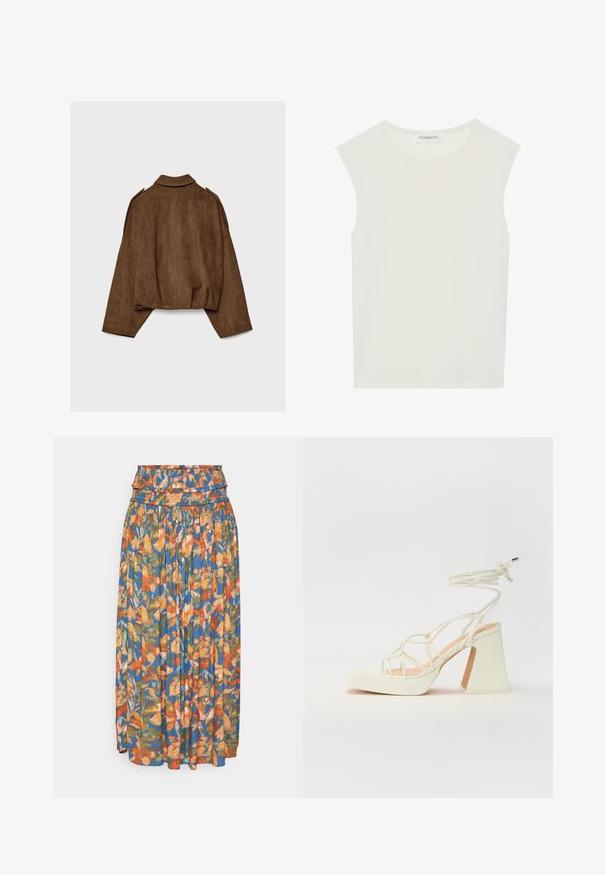 Brown faux suede jacket with a collared neck, oversized fit, and dropped shoulders. The back features vertical seam detailing and a cropped design.; White sleeveless top with a round neckline. Made of smooth fabric, it features a relaxed fit and minimalist design. No patterns or accents.; Floral maxi skirt with a gathered waistband, featuring vibrant orange, green, and blue patterns. Lightweight fabric with pleated texture.; White high-heeled sandal with a chunky heel, featuring a strappy design and ankle tie. Smooth texture with a platform front for added height.