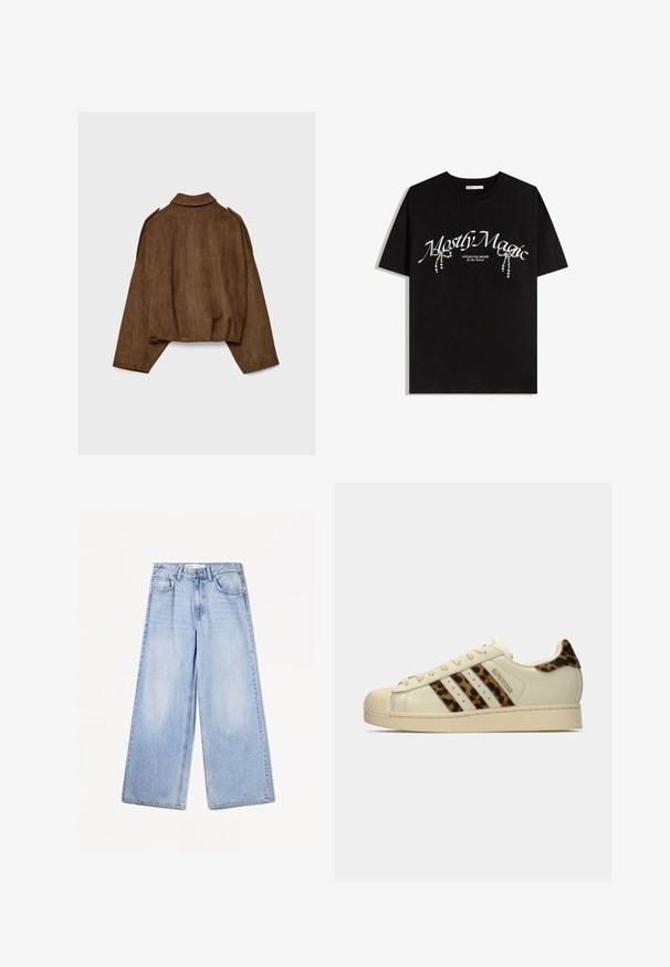 Rjava jakna iz umetnega usnja z ovratnikom, širokim krojem in spuščenimi rameni. Hrbtni del ima navpične šive in krajšano zasnovo.; Črna bombažna majica s kratkimi rokavi z napisom "Večinoma čarobno" v beli barvi, okrašena s dekorativnimi bisernimi detajli. Ohlapen kroj, okrogli izrez.; Bershka WIDE-LEG - Široke hlačnice - light-blue denim; Off-white Adidas Superstar čevlji z leopardjim vzorcem na črtah in petni manšeti, bež gumijastim zaščitnim koncem in napisom "SUPERSTAR" na strani.