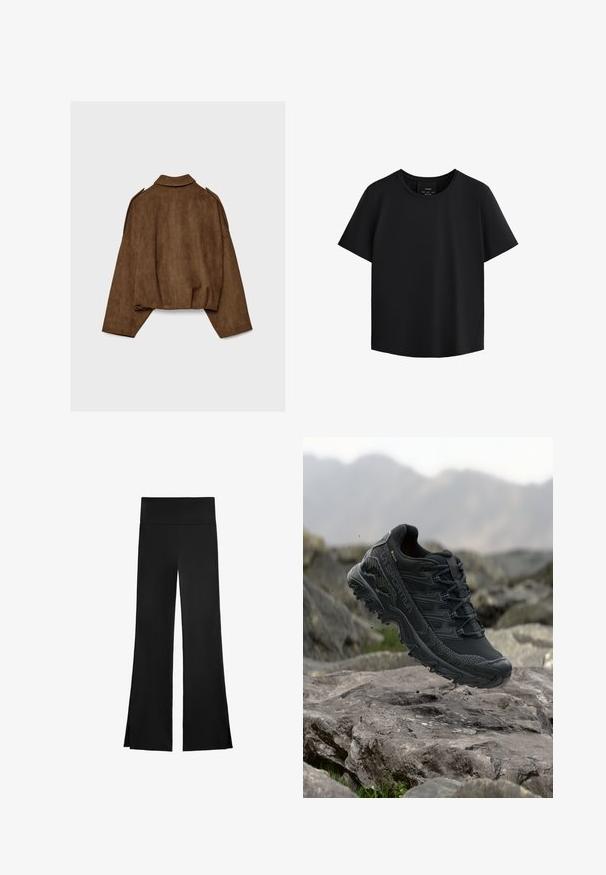 Brązowa kurtka z imitacji zamszu z kołnierzem, luźnym krojem i opuszczonymi ramionami. Tył ozdobiony jest pionowymi przeszyciami i ma krótki krój.; Czarny krótki top z rękawem, z okrągłym dekoltem, wykonany z gładkiego materiału, o prostym kroju i subtelnych bocznych szwach, które nadają kształt.; Czarne spodnie o szerokim kroju, z wysokim stanem i bocznymi rozcięciami dla łatwości ruchu. Wykonane z gładkiego, elastycznego materiału.; Czarne buty do biegania po szlakach z teksturowaną cholewką, elastycznym sznurowaniem oraz wytrzymałą podeszwą. Podniesione nad skalistym terenem, podkreślające swoją przyczepność.