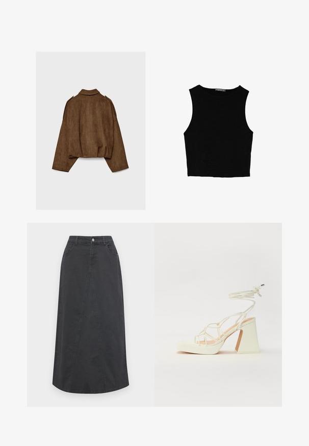 Ruskea tekonahkainen mokkatakki, jossa on kauluksellinen kaula-aukko, ylisuurikokoinen istuvuus ja laskostetut olkapäät. Takana pystysuoria saumadetaljeja ja lyhyt malli.; Musta hihaton crop-top, joka on valmistettu sileästä kankaasta, jossa on pyöreä kaula-aukko ja siisti, yksinkertainen muotoilu ilman kuvioita tai varusteita.; Mustat farkuhame, jossa on suora leikkaus, etupaneelin yksityiskohta, kaksi taskua, vyölenkit ja nappikiinnitys vyötäröllä.; Valkoinen korkokenkä, jossa on paksu korko, ja joka sisältää nauhakiinnityksen ja nilkkaketjun. Sujuva pinta, jossa on platform-etupohja lisäkorkeutta varten.