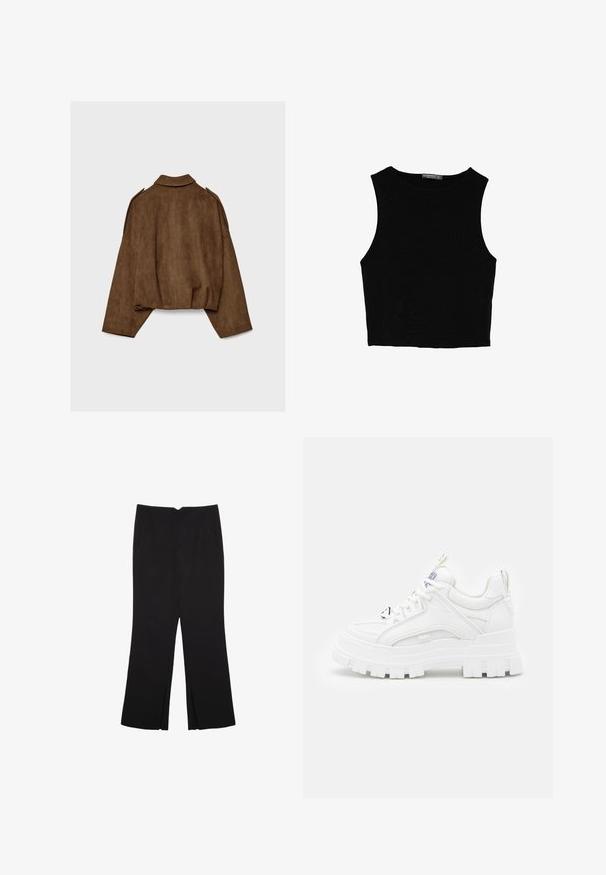 Brązowa kurtka z imitacji zamszu z kołnierzem, luźnym krojem i opuszczonymi ramionami. Tył ozdobiony jest pionowymi przeszyciami i ma krótki krój.; Czarny bezrękawnik crop top z gładkiego materiału, z okrągłym dekoltem i czystym, prostym wzornictwem, bez wzorów czy metalowych elementów.; Czarne spodnie o prostym kroju, z przednimi kieszeniami i bocznymi rozcięciami na dole. Wykonane z miękkiego, gładkiego materiału. Odpowiednie na różne okazje.; Białe, masywne sneakersy z teksturowaną cholewką, wyściełanym kołnierzem i grubą, rowkowaną podeszwą. Posiadają kontrastujące czarne sznurowadła i detal z logo.