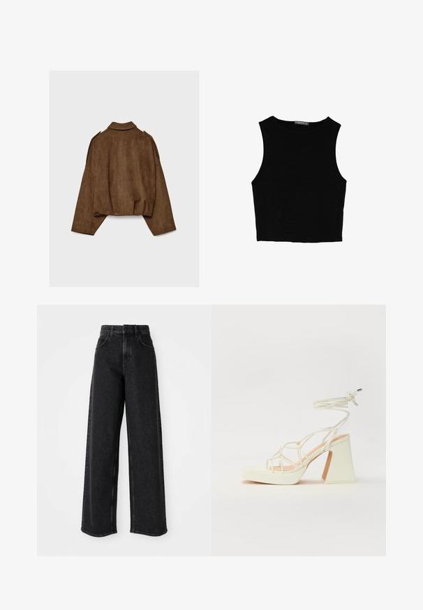 Brązowa kurtka z imitacji zamszu z kołnierzem, luźnym krojem i opuszczonymi ramionami. Tył ozdobiony jest pionowymi przeszyciami i ma krótki krój.; Czarny bezrękawnik crop top z gładkiego materiału, z okrągłym dekoltem i czystym, prostym wzornictwem, bez wzorów czy metalowych elementów.; Czarne dżinsy z wysokim stanem i szerokimi nogawkami, wykonane z denimu, z klasycznym pięciopocketowym stylem i subtelnymi przeszyciami.; Biała sandał na wysokim obcasie z masywnym słupkiem, z paskowym wzorem i wiązaniem przy kostce. Gładka faktura z platformą z przodu dla dodatkowej wysokości.
