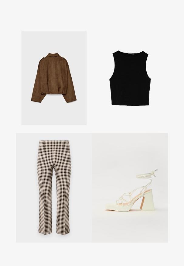 Brown faux suede jacket with a collared neck, oversized fit, and dropped shoulders. The back features vertical seam detailing and a cropped design.; Black sleeveless crop top made of smooth fabric, featuring a round neck and a clean, simple design without patterns or hardware.; Black and cream gingham check trousers with a straight leg design, featuring a smooth fabric texture and a high-rise waistband.; White high-heeled sandal with a chunky heel, featuring a strappy design and ankle tie. Smooth texture with a platform front for added height.