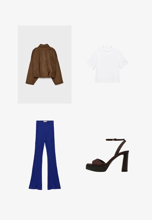 Veste en suédine marron avec col montant, coupe oversize et épaules tombantes. Le dos présente des coutures verticales et un design court.; T-shirt blanc en coton à manches courtes avec un col rond. Design simple, coupe décontractée, texture lisse. Aucun motif ni accent visible.; Thinking Mu NAIA - Pantalon classique - indigo blue; Sandale à talons hauts en suede marron avec un bout ouvert, une bride de cheville réglable et une semelle de plateforme rayée.