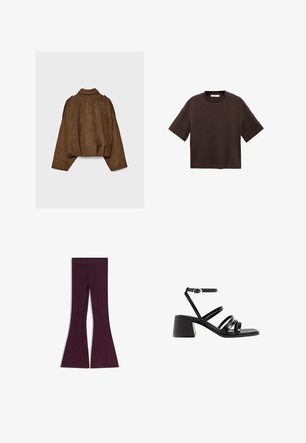 Brązowa kurtka z imitacji zamszu z kołnierzem, luźnym krojem i opuszczonymi ramionami. Tył ozdobiony jest pionowymi przeszyciami i ma krótki krój.; Brązowa koszulka z krótkim rękawem, wykonana z miękkiej bawełny. Posiada okrągły dekolt i luźny krój, charakteryzuje się gładką fakturą i brakiem widocznych wzorów.; Rozszerzane legginsy w bogatym burgundzie, z teksturowanym prążkowanym wzorem i bezpiecznym, elastycznym paskiem w talii zapewniającym komfort i dopasowanie.; Czarne skórzane sandały na obcasie z wieloma cienkimi paskami i klamrą na kostce. Design z kwadratowym noskiem i słupkowym obcasem, charakteryzujący się gładką fakturą.