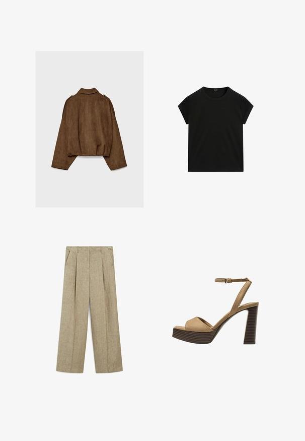 Braune Jacke aus Kunstwildleder mit Kragen, übergroßem Schnitt und abgefallenen Schultern. Der Rücken zeigt vertikale Nahtdetails und ein kurzes Design.; Schwarzes kurzärmeliges T-Shirt mit Rundhalsausschnitt und geradem Saum, flach auf einem weißen Hintergrund präsentiert.; Hellbeige, weit geschnittene Hose mit Falten, ausgestattet mit zwei seitlichen Taschen und einem strukturierten Leinenmischgewebe.; Beige Wildleder-Pumps mit hohem Absatz, breitem Vorderband und Knöchelriemen, ausgestattet mit einem klobigen Holzblockabsatz mit strukturiertem Finish.