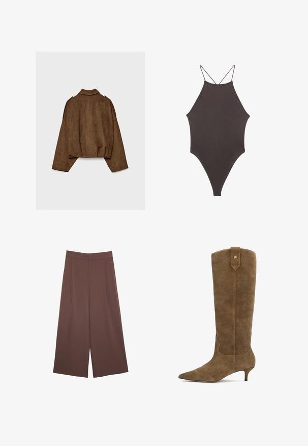 Brown faux suede jacket with a collared neck, oversized fit, and dropped shoulders. The back features vertical seam detailing and a cropped design.; Brown, high-neck one-piece swimsuit with thin, adjustable straps; features a high-cut leg and smooth texture. No patterns or embellishments.; Brown wide-leg trousers with a smooth texture, featuring a high waist and front pleats. The fabric is lightweight and flows loosely.; Suede knee-high boot in olive green with a pointed toe and 2-inch heel, featuring a stitched design and a back tab with a gold accent.