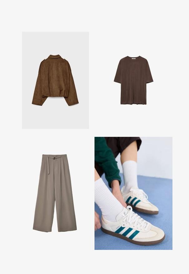 Rjava jakna iz umetnega usnja z ovratnikom, širokim krojem in spuščenimi rameni. Hrbtni del ima navpične šive in krajšano zasnovo.; Rjava kratka majica s kratkimi rokavi, izdelana iz mehkega materiala, z okroglim izrezom in sproščenim krojem. Gladka tekstura brez vzorcev ali dodatkov.; Široke hlače iz mehke, umirjene sive tkanine, z pasom, ki ga je mogoče zavezati, in z gubami za dodatne oblikovne podrobnosti. Gladka tekstura, brez vzorcev.; Bele športne čevlje z nebesno modrimi črtami, teksturiranim zgornjim delom in rjavimi gumijastimi podplati. Kombinirani z belimi žepkastimi nogavicami.