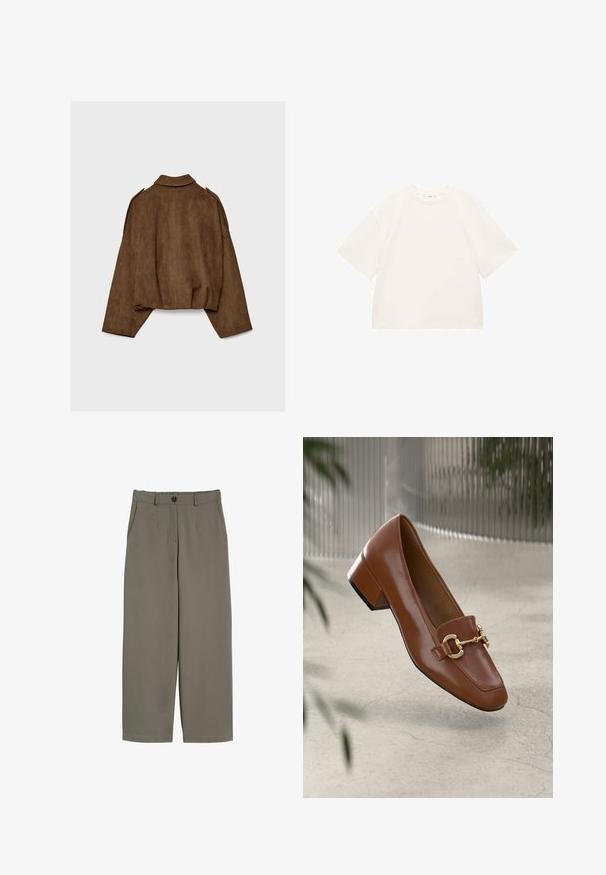 Brun jakke i imiteret ruskind med krave, oversized pasform og sænkede skuldre. Bagsiden har lodrette sømdetaljer og et cropped design.; Overdimensioneret hvid bomulds t-shirt med korte ærmer, rund halsudskæring og glat tekstur. Ingen mønstre eller synlige hardware detaljer.; Bredde ben bukser i olivengrønt stof med knaplukning, frontlommer og en glat, let struktureret overflade.; Brun patentlæder loafers med firkantet tå, metallisk kædeaccent og lav blokhæl; glat tekstur, minimalistisk design.